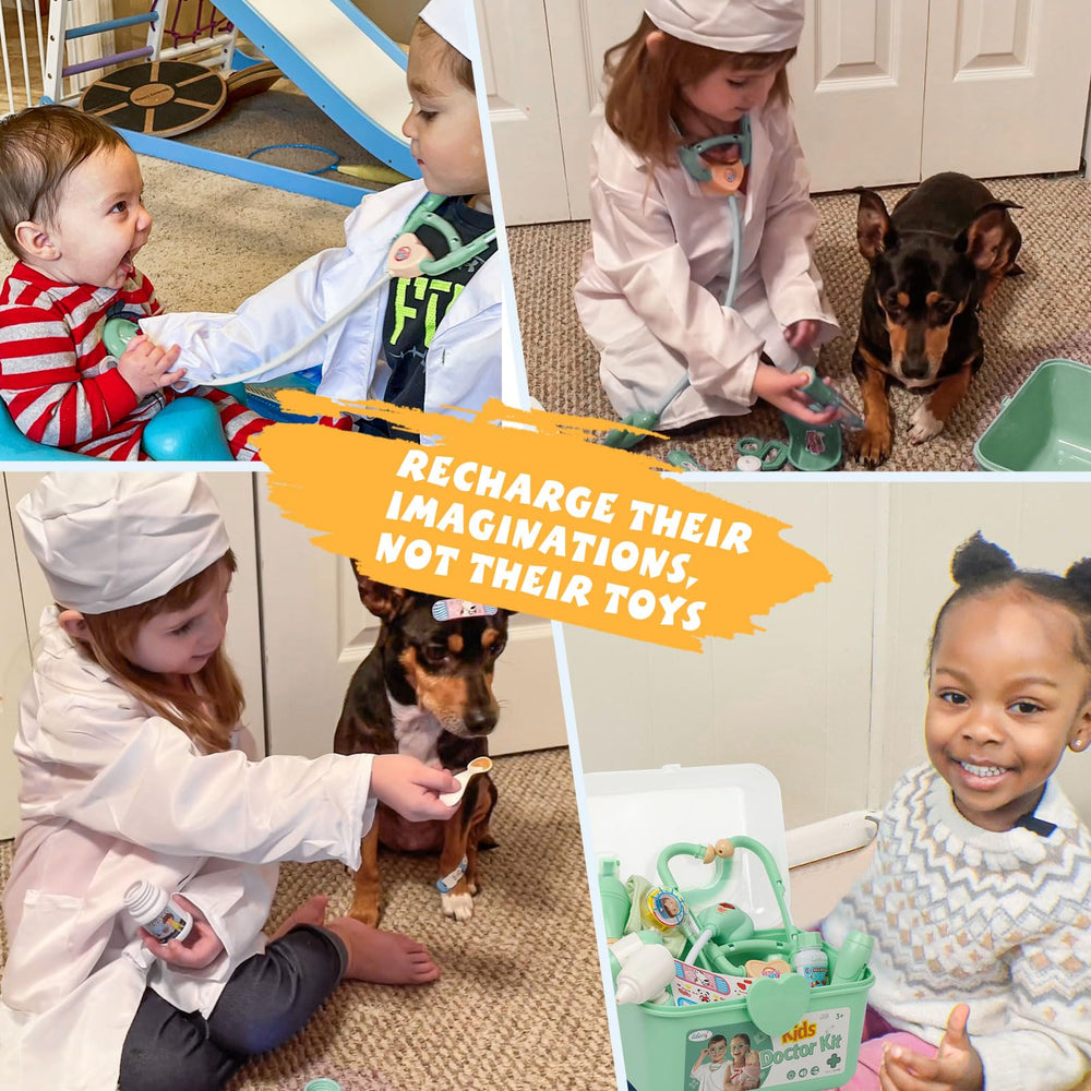 Liberry toddler plays doctor with tools during imaginative play.