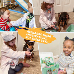Liberry toddler plays doctor with tools during imaginative play.