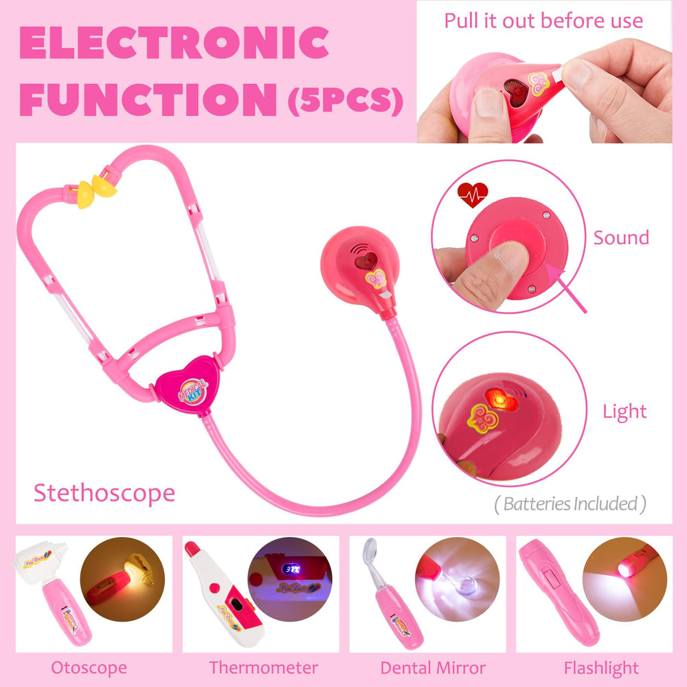 Liberry Doctor Kit pink thermometer in action for realistic checking during playtime.