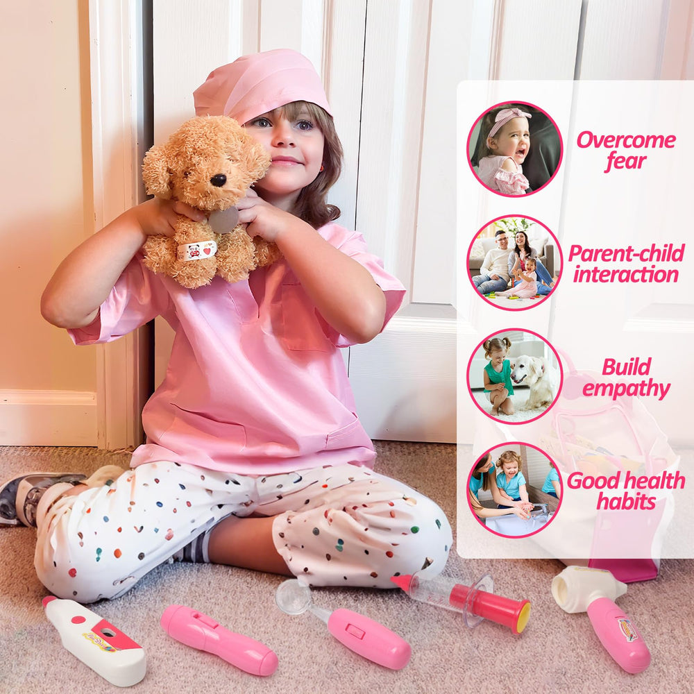 Liberry fluffy dog toy included for pet care role-play.