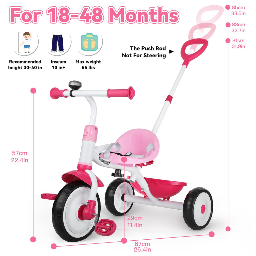 Liberry EVA tire close-up pink tricycle demonstrates quiet indoor and outdoor cruising.