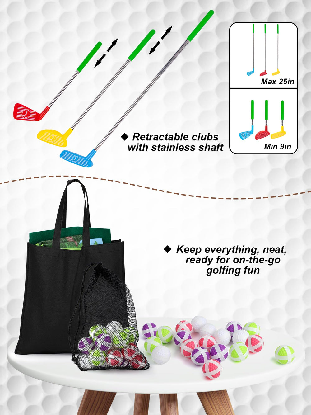 Liberry Kids Golf Set carry bag stores accessories neatly between rounds.