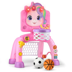 Liberry toddler basketball hoop and soccer goal assembled set with bright lights for interactive play.