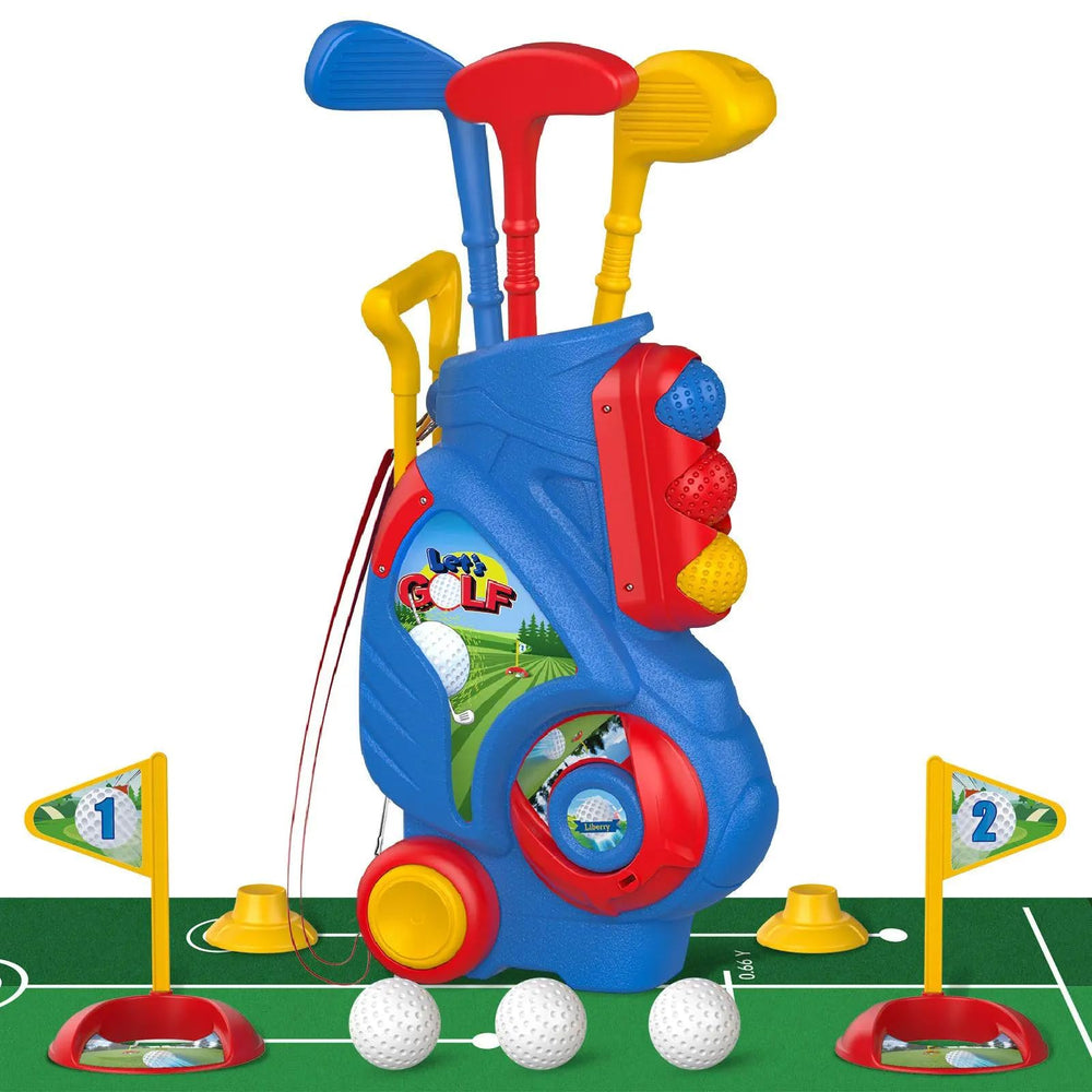 Liberry toddler golf set blue cart image shows easy portability for indoor and outdoor play.