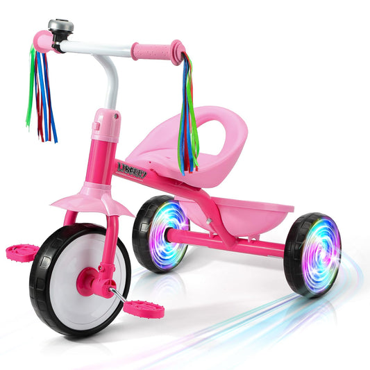 Liberry toddler tricycle pink with LED wheels for easy outdoor visibility.