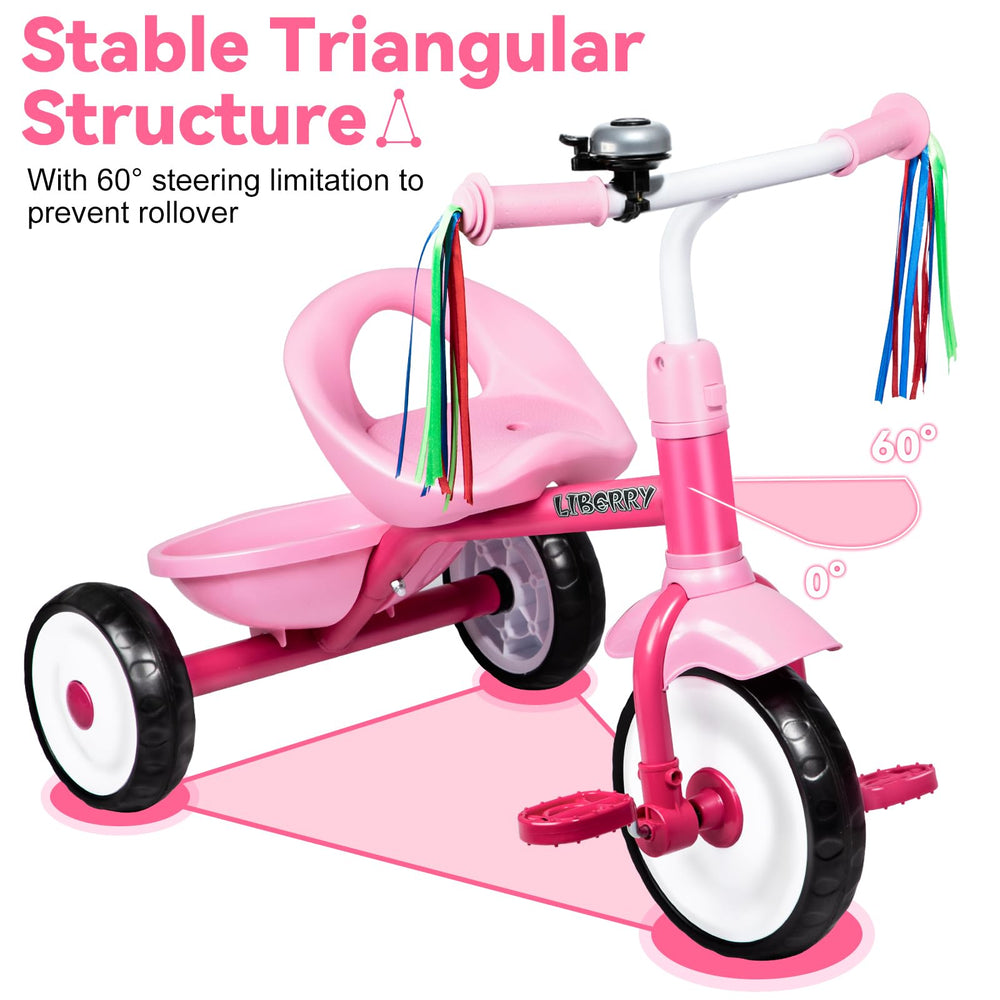 Liberry toddler tricycle pink side view features easy-grip handles for confident steering.