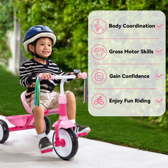 Liberry toddler tricycle pink steel frame closeup highlights durability.