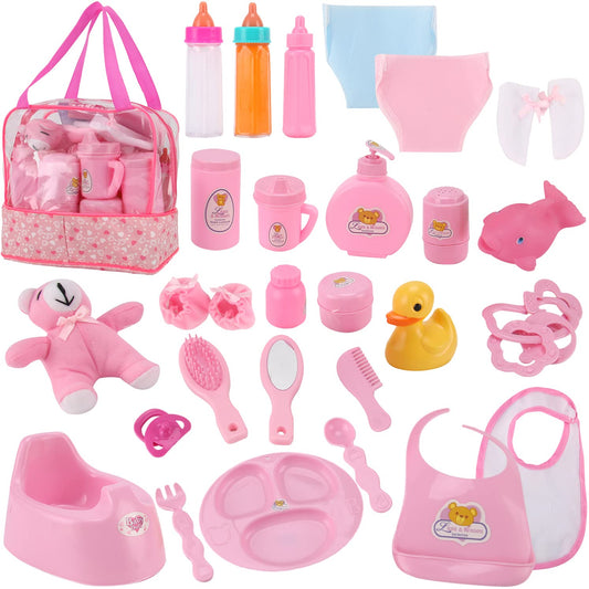 Liberty Imports 28-piece doll care set bottle pour demonstrates pretend feeding