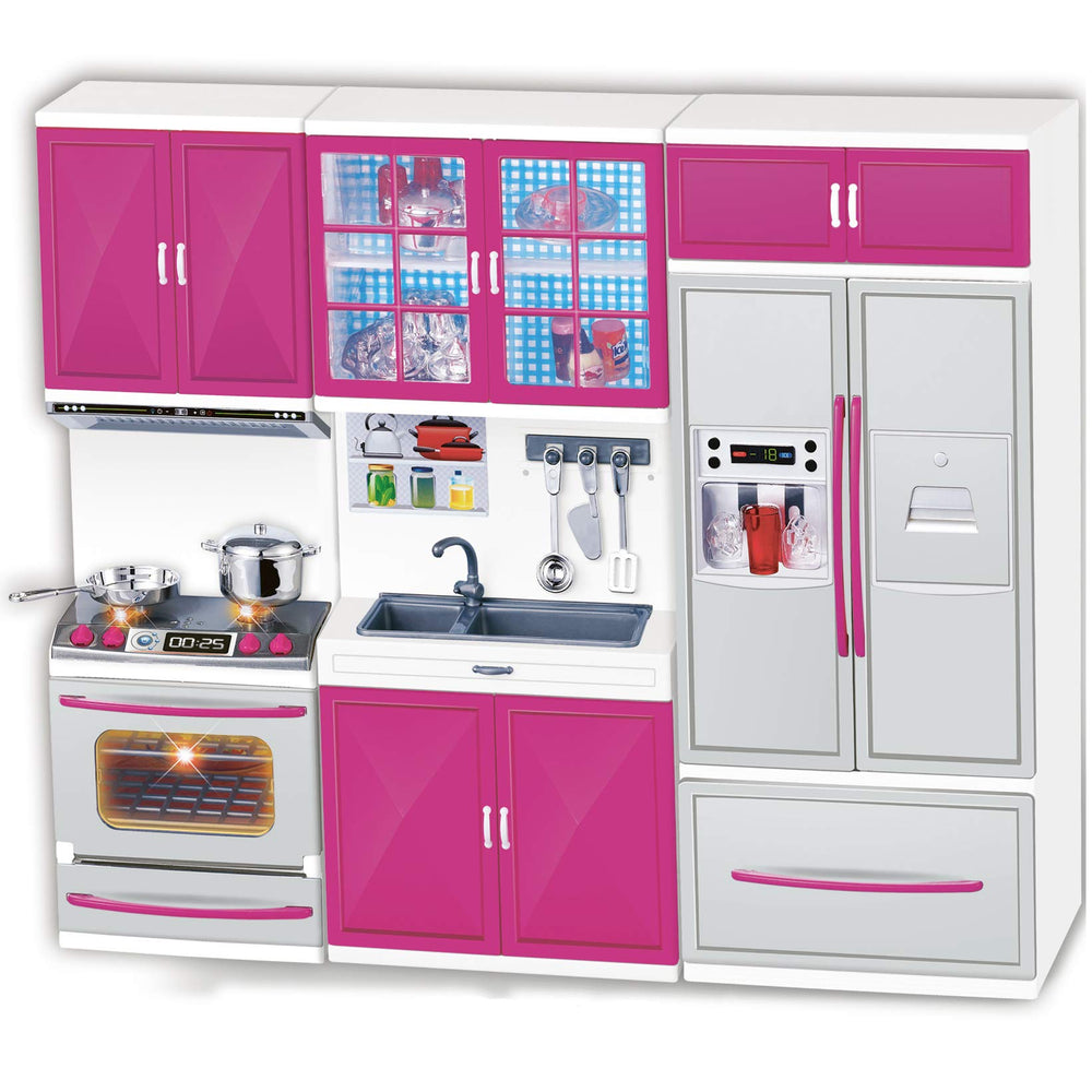 Liberty Imports doll kitchen pink with open drawers for interactive pretend cooking.
