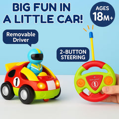 Liberty Imports My First Cartoon RC Car lights and sounds engage senses during play sessions.