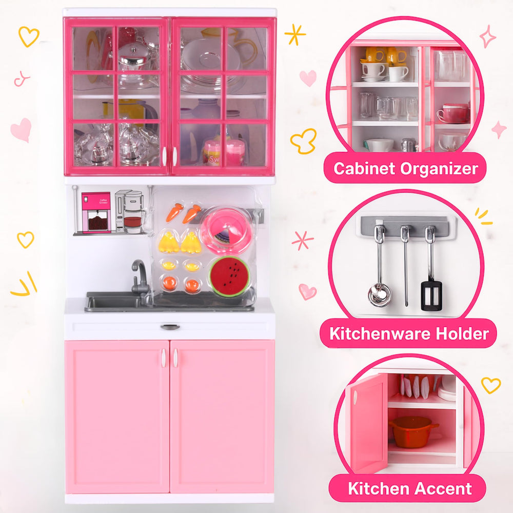 Liberty Imports pink doll kitchen cabinets to keep tiny pots organized during play.