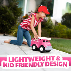 Pink Liberty Imports fire truck showing large wheels for smooth rolling on various surfaces