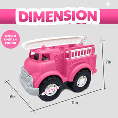 Compact pink fire truck dimensions: 11x6x7 inches, easy for toddlers to handle
