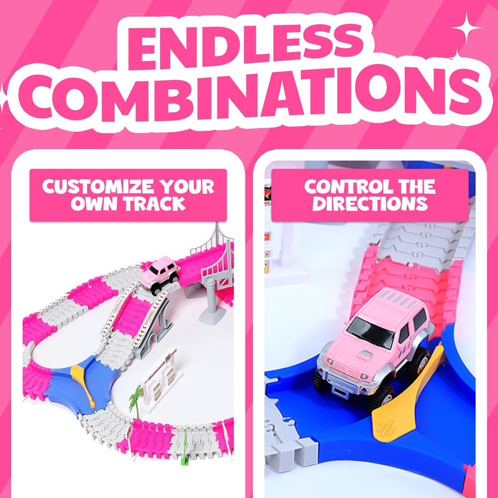 Liberty Imports Pink Magic Battery-Operated Car ready to race on flexible tracks.
