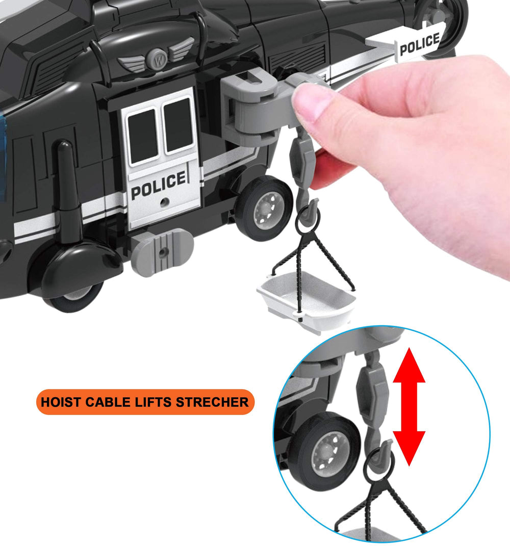 Liberty Imports police rescue helicopter side view showing crane and basket in action