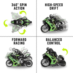 Liberty Imports RC stunt motorcycle performing 360 spin, ideal for stunt practice.