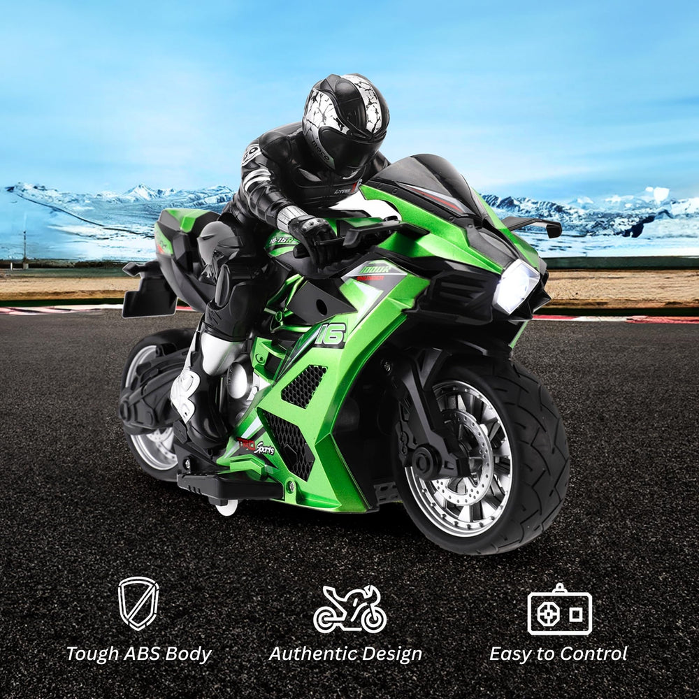 Liberty Imports RC stunt motorcycle with riding figure side view for interactive play.