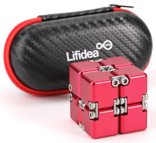 Lifidea Infinity Cube red side view showing compact aluminum precision design for focused fidget play.