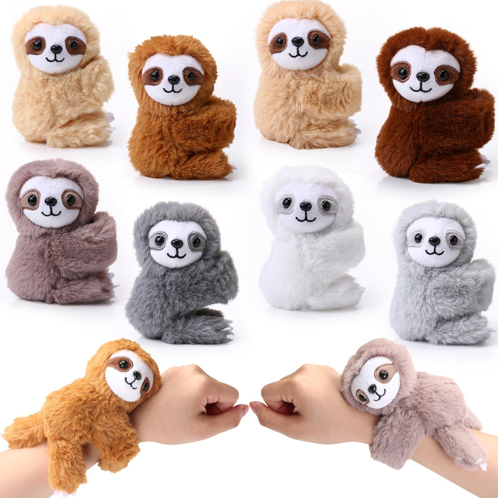 Liliful sloth plush slap bracelet eight-pack on kids' wrists for play and party favors.