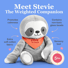 Stevie the Sloth weighted plush close-up shows soft plush fabric.