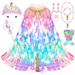 LIMIROLER mermaid sequin cape shimmering rainbow colors for imaginative dress-up.