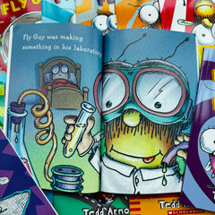 Limonuos Fly Guy boxed set spine on a shelf to inspire storytelling at home.