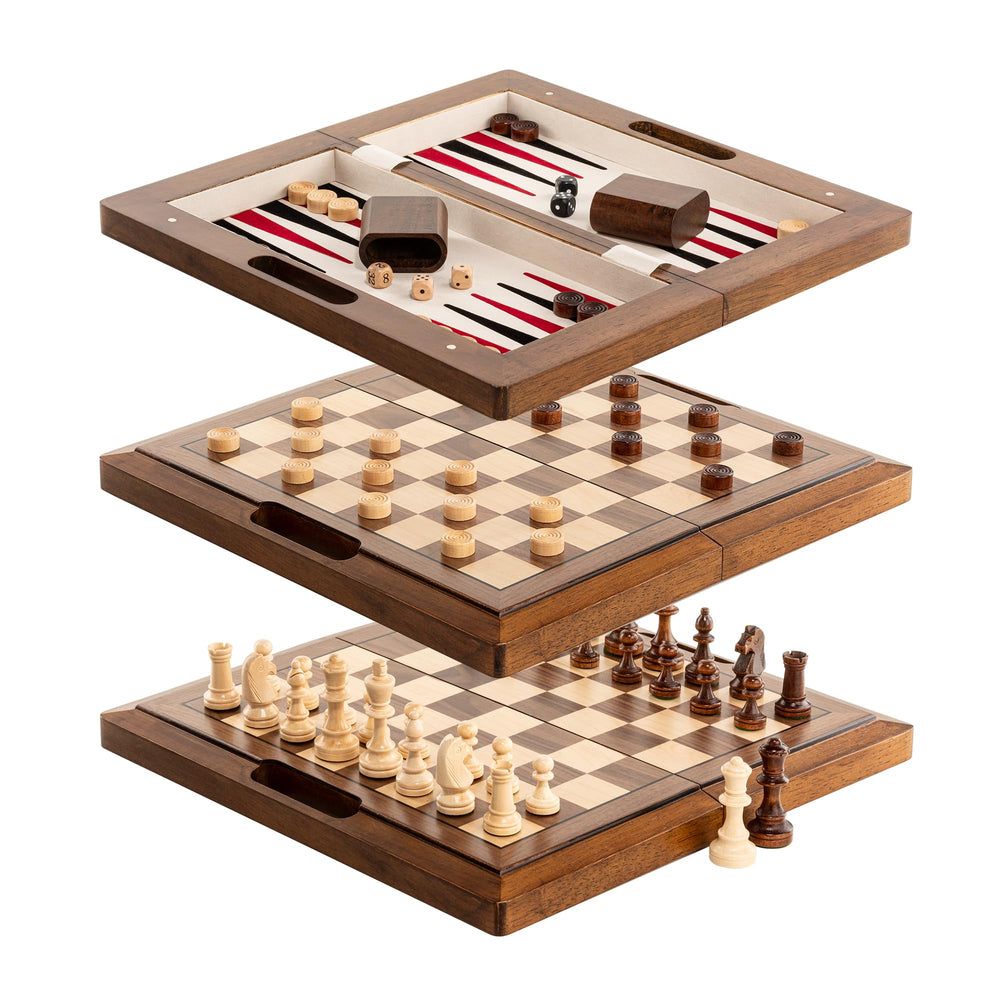 Lingle 3-in-1 setup showing chess, backgammon, checkers ready for travel