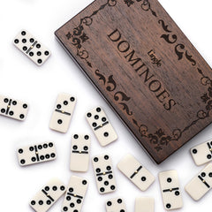 Lingle dominoes 28-piece double-six set on a wooden box for family game nights.