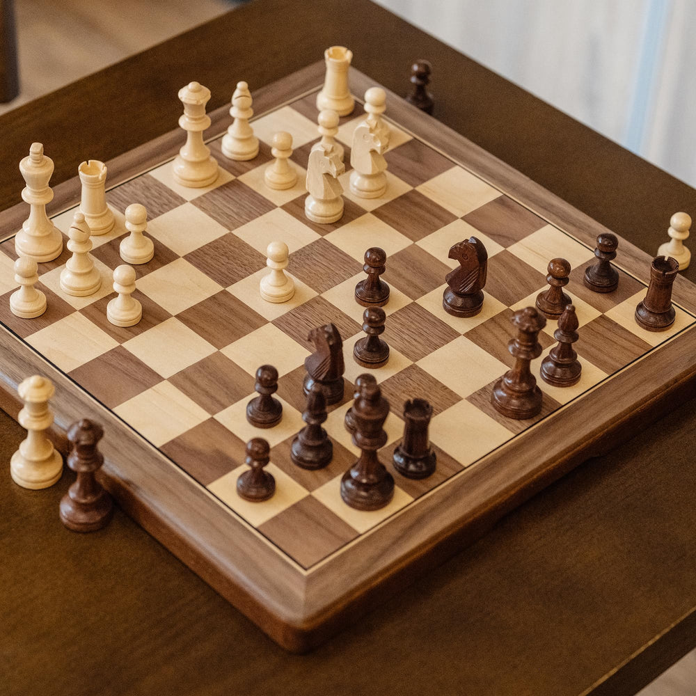 Lingle folding chess board open, showcasing portable design for on-the-go play.