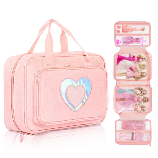 LININYHAO carrying case main compartment stores up to six 12-inch dolls neatly