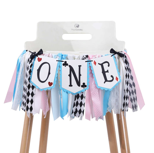 LINLULU Alice banner design for highchair decoration creates a playful birthday focal point.
