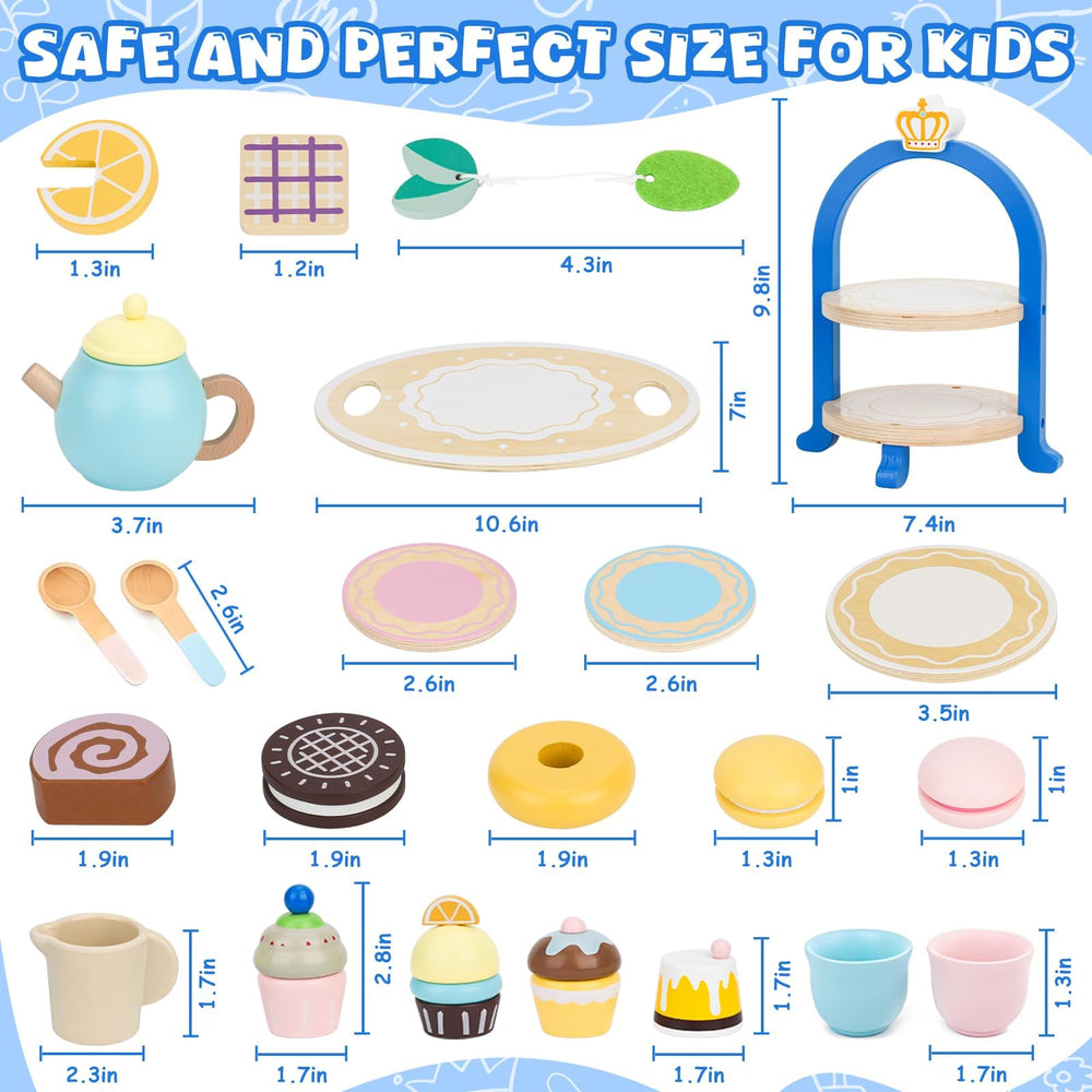 Lipneaed wooden tea set dessert rack showcases treats during play sessions.