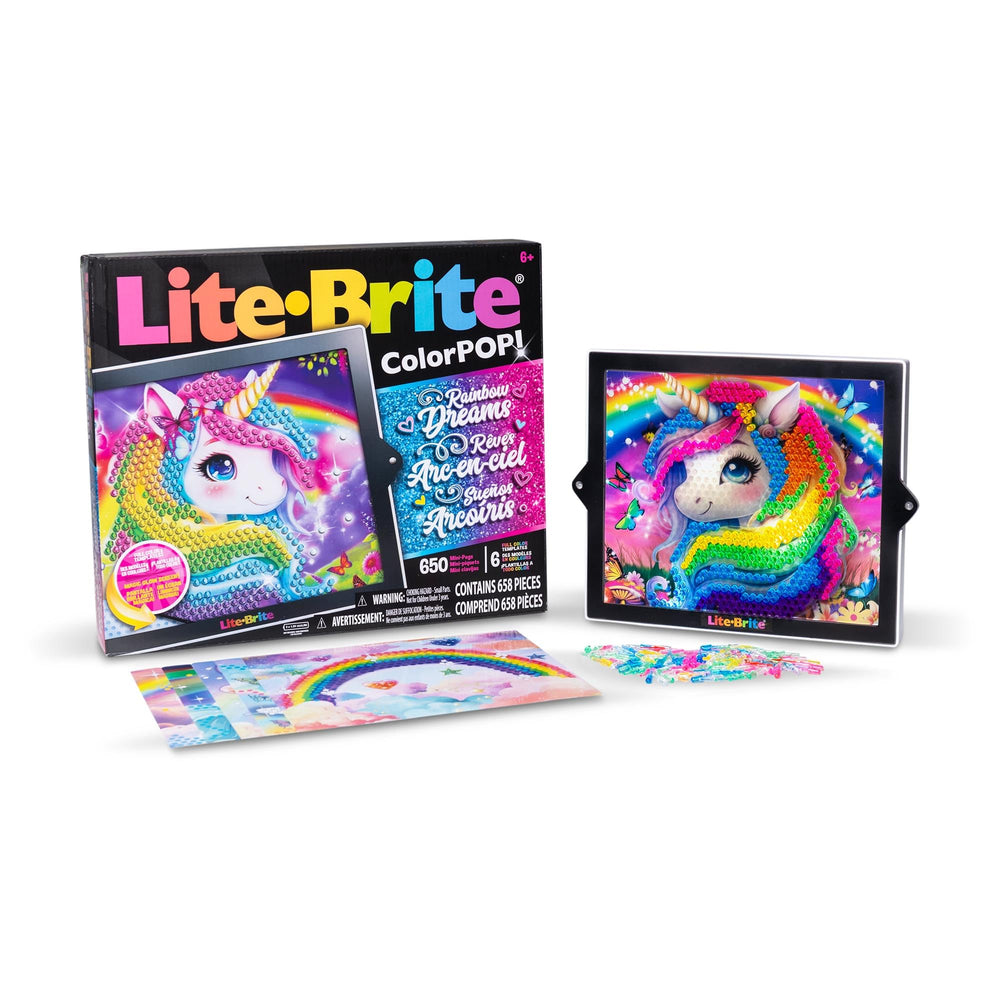 Lite-Brite ColorPOP Magic Mane template glowing with rainbow backdrop for imaginative play