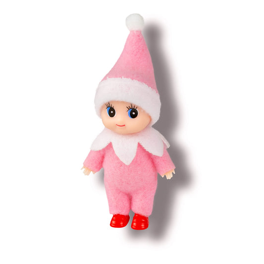 LitoMagic Christmas Baby Elf Doll in pink jumpsuit with movable limbs for imaginative play.