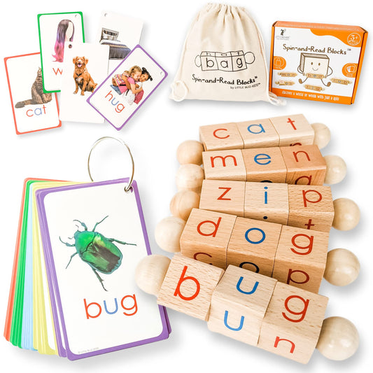 Little Bud Kids Spin-and-Read blocks with rotating vowels to support phonics practice
