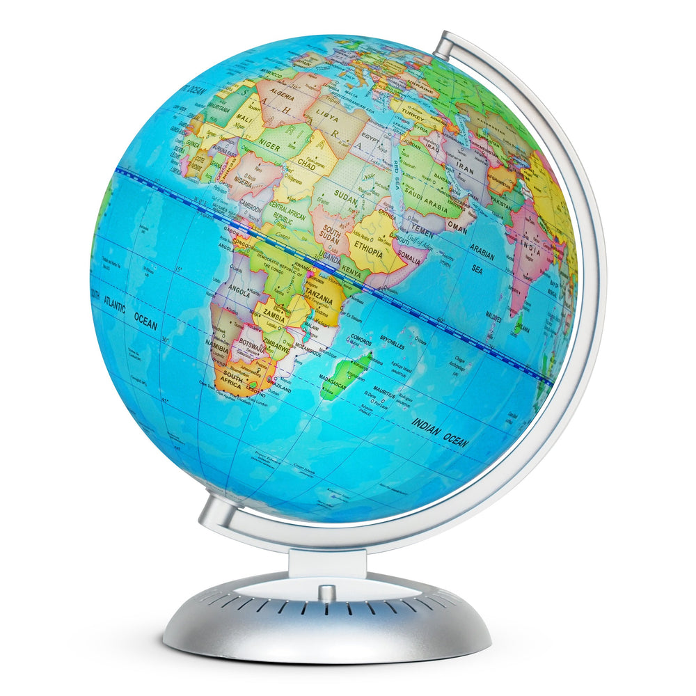 Little Experimenter 8-inch illuminated globe with stand for desk learning and exploration.