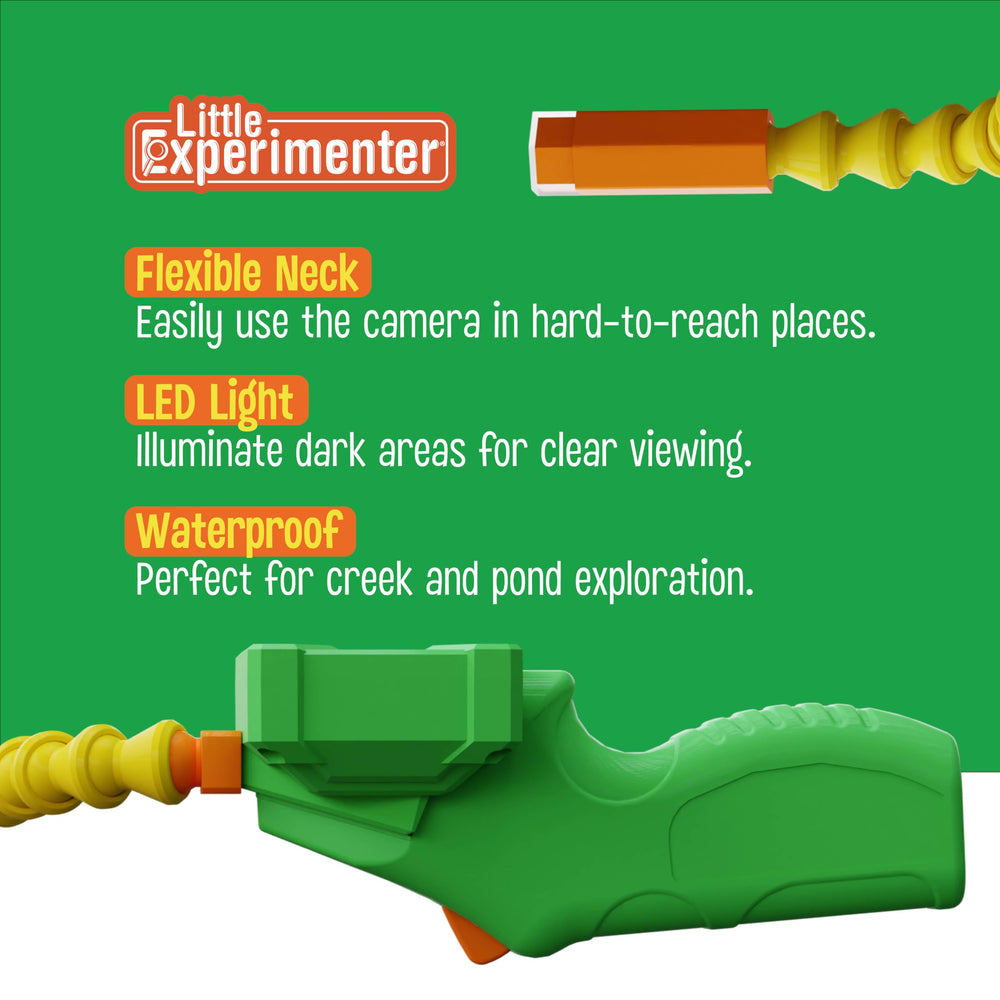Little Experimenter Snake Scope camera explores underwater plants and fish in clear water.