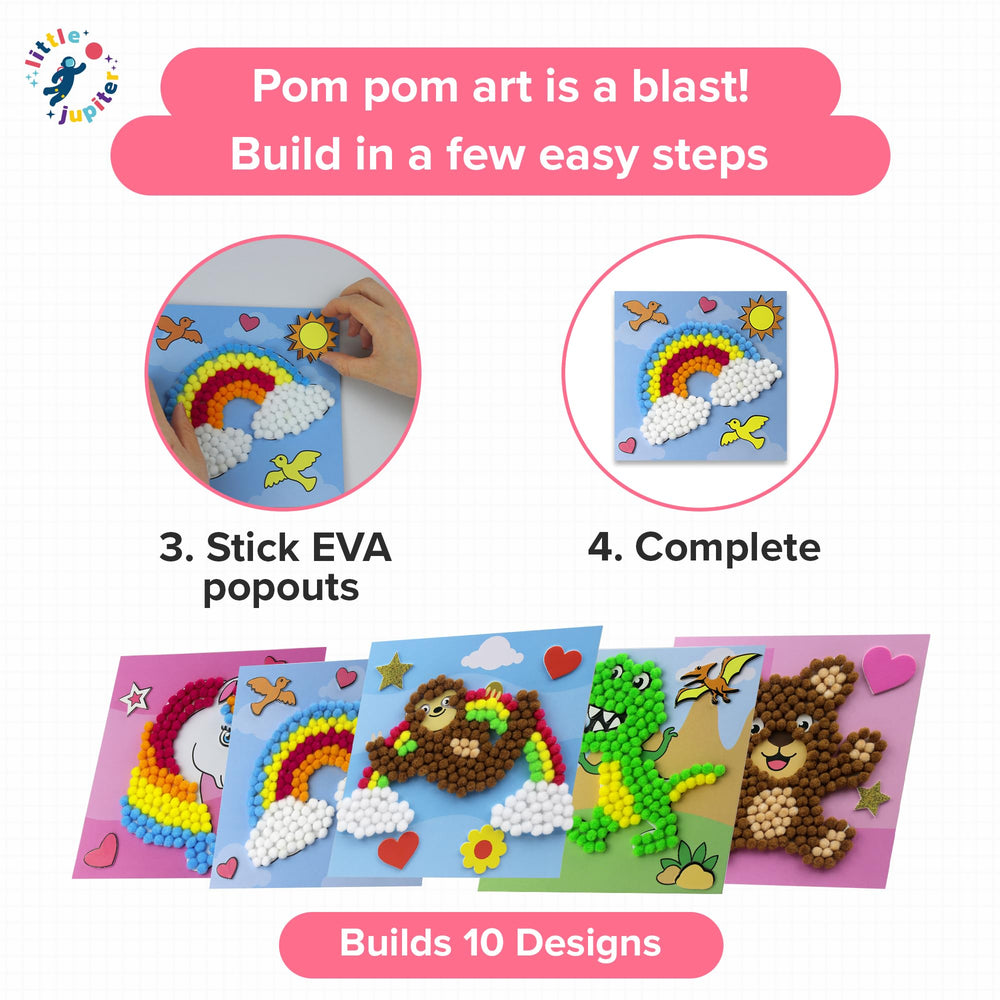 Little Jupiter pom pom art butterfly design invites color exploration and pattern making