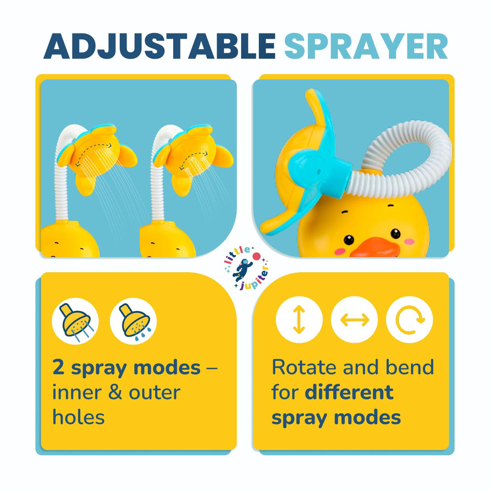 Little Jupiter duck sprayer demonstrates adjustable streams for creative play.