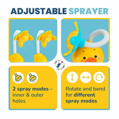Little Jupiter duck sprayer demonstrates adjustable streams for creative play.
