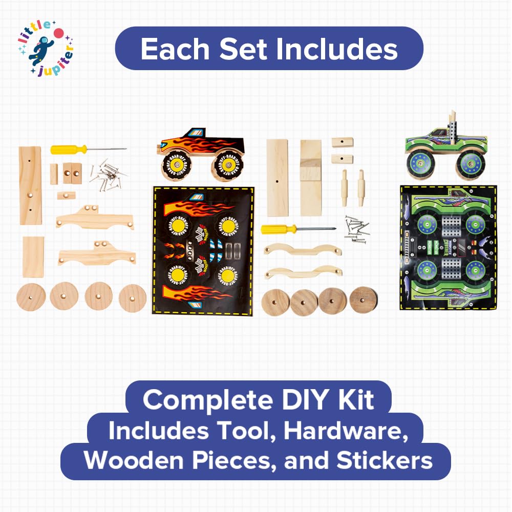 Little Jupiter Monster Truck kit includes screwdriver and screws for guided construction.