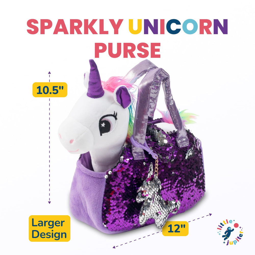 Little Jupiter unicorn plush pictured with its sparkling purse and charm set.