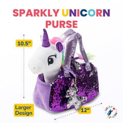 Little Jupiter unicorn plush pictured with its sparkling purse and charm set.