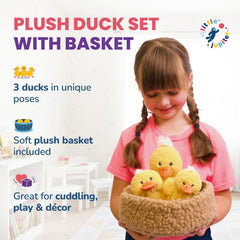Little Jupiter yellow duck plush in varied poses for imaginative play.