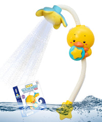 Little Jupiter yellow duck bath toy attached to tub wall for easy bath play.