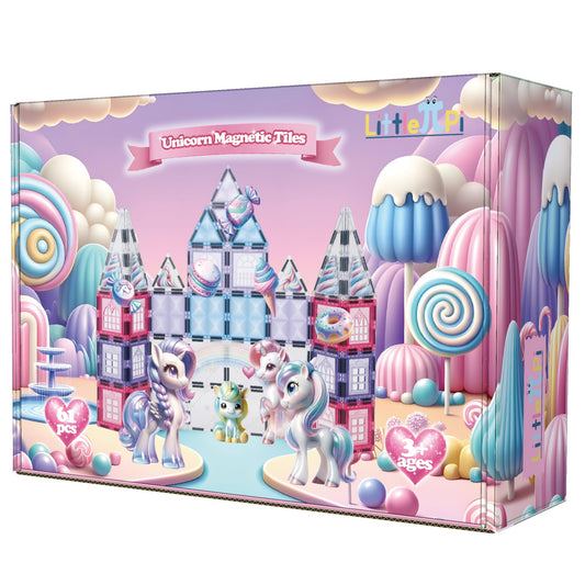 Little Pi unicorn castle tiles provide a colorful magnetic setup for imaginative building