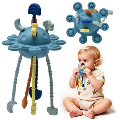 Little Rawr pull-string toy blue supports fine motor skills and exploration.