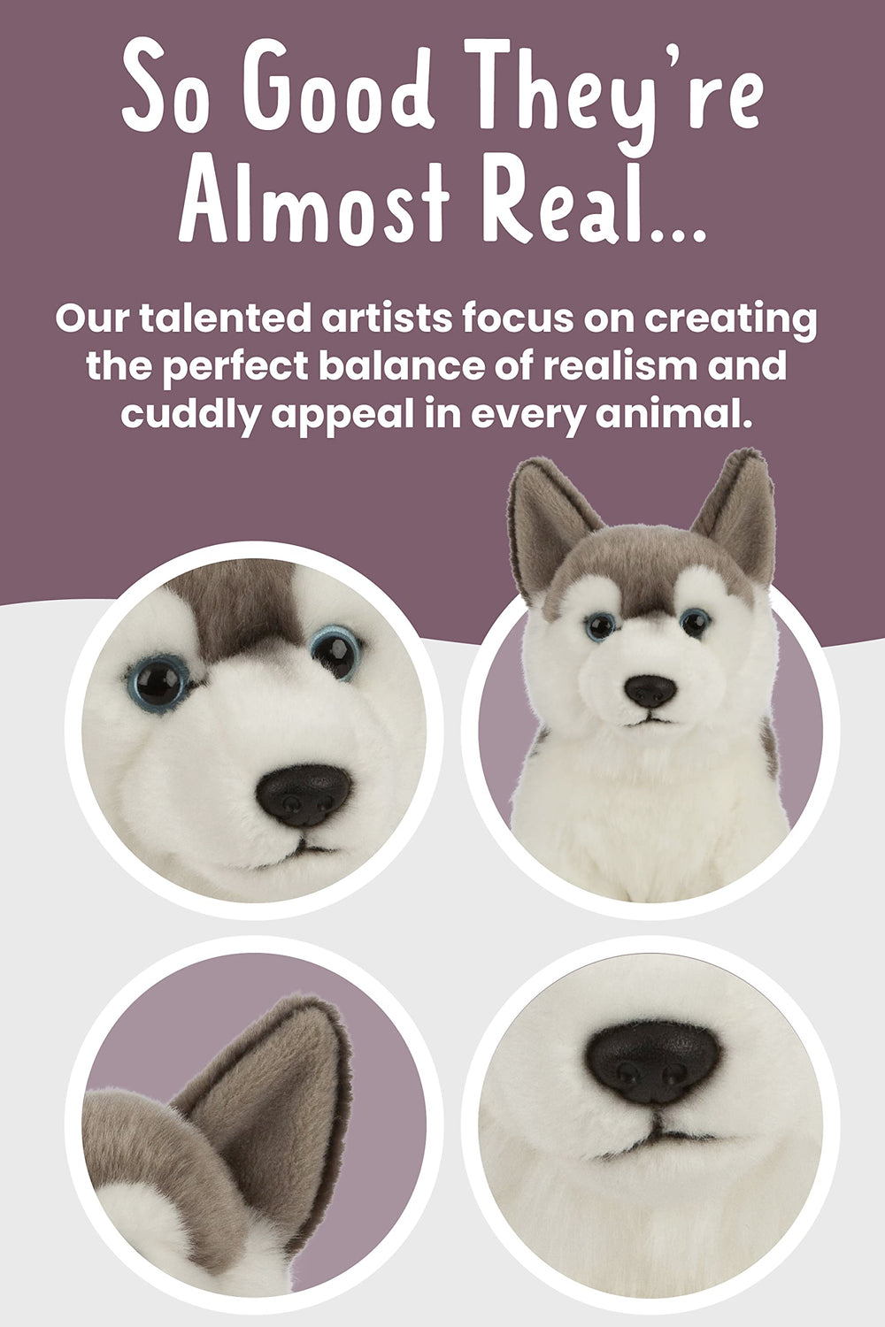 Living Nature Husky fur pattern highlights grey and white design for realistic toy.