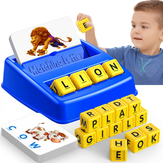 LIWIN LET'S GO letter cubes arranged for a matching game to boost memory and early literacy.