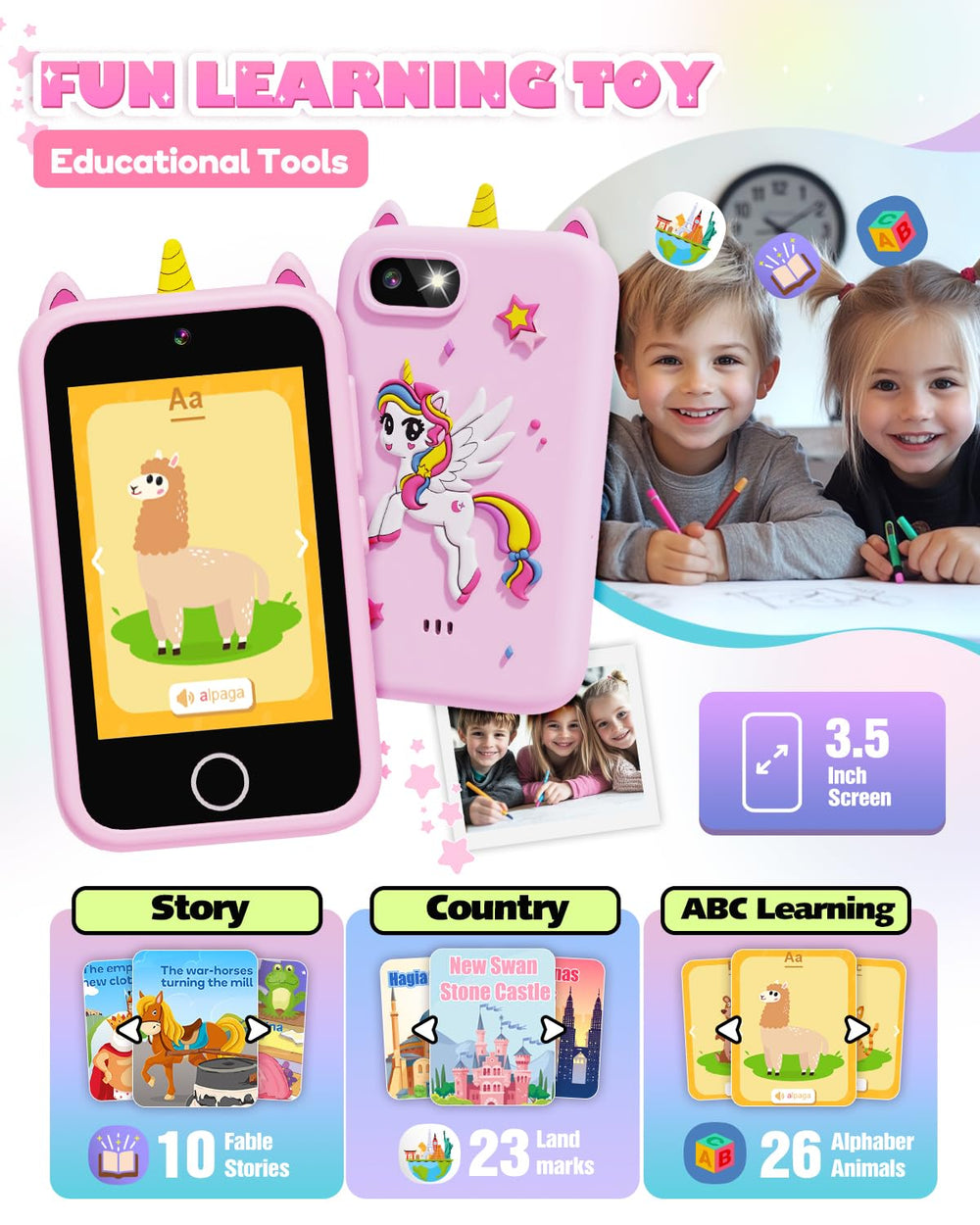 Lizzbey Kids Smart Phone 3.5-inch screen provides easy touch navigation.